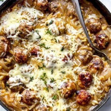 French Onion Meatballs with Orzo