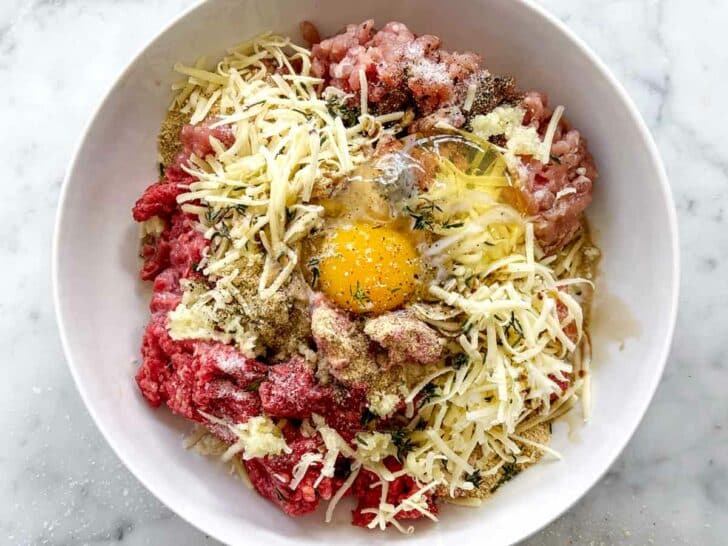 French Onion Meatballs with Orzo meatball ingredients in bowl foodiecrush.com