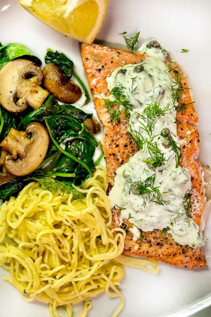 Salmon dinner with spinach and noodles foodiecrush.com