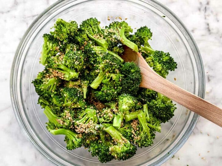 Sesame Broccoli in bowl with wooden spoon foodiecrush.com