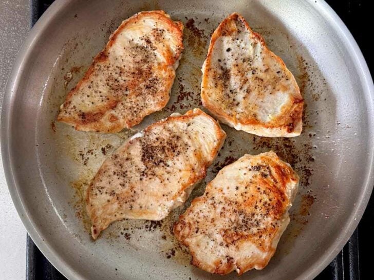 Chicken breasts brown saute in skillet foodiecrush.com
