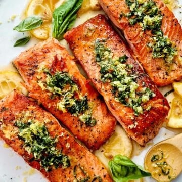 Pan Seared Salmon with Basil Gremolata on platter foodiecrush.com