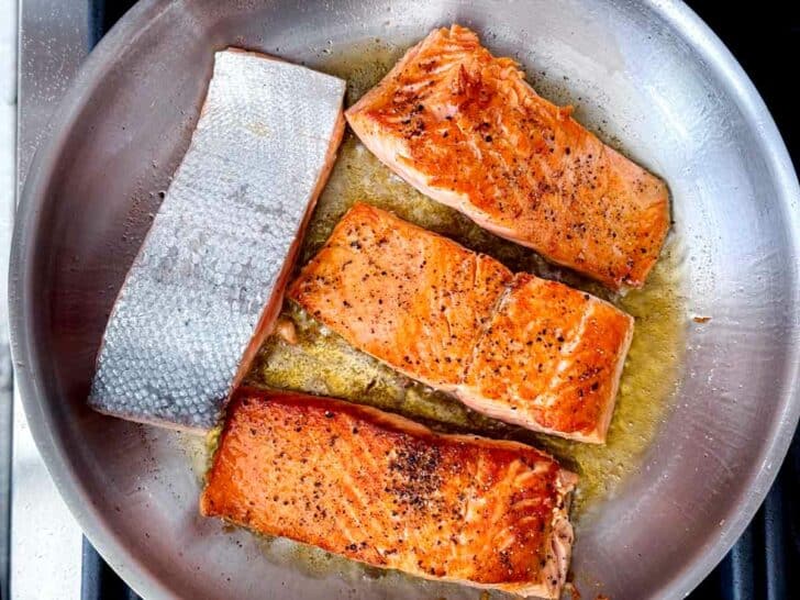 Salmon filets in skillet fry pan foodiecrush.com