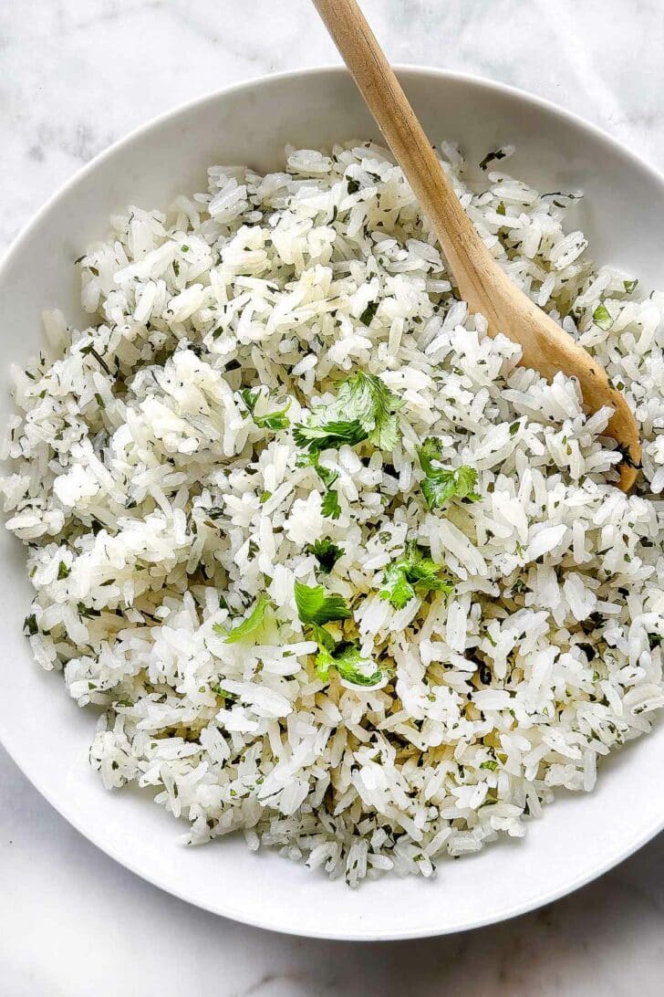 Cilantro Lime Rice in bowl with spoon on foodiecrush.com 