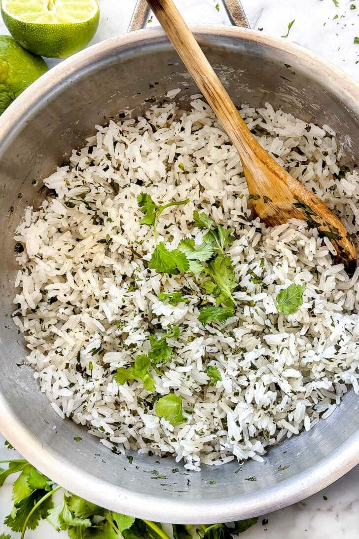 Cilantro Lime Rice in pot with spoon on foodiecrush.com