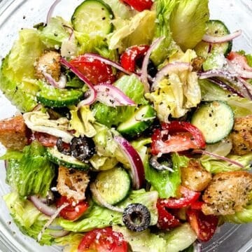 Italian Salad with Italian dressing and iceberg lettuce foodiecrush.com