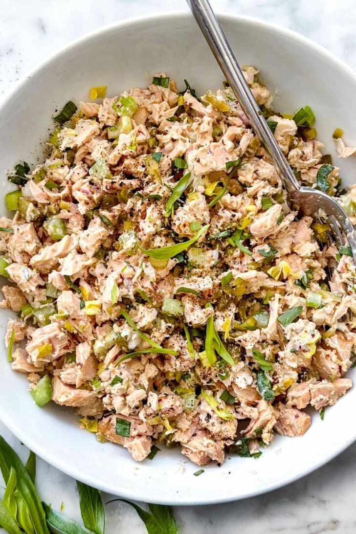 French Tuna Salad with Tarragon in bowl with fork foodiecrush.com
