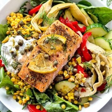 Mediterranean Salmon Bowls with CousCous and Tzatziki foodiecrush.com