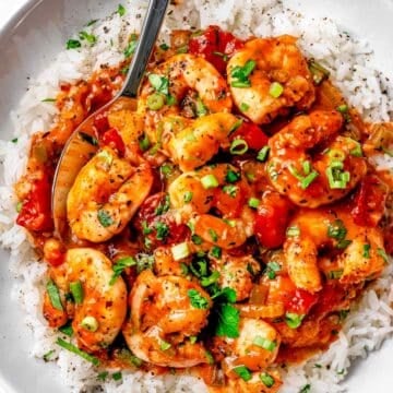 Shrimp Creole recipe with rice in bowl foodiecrush.com