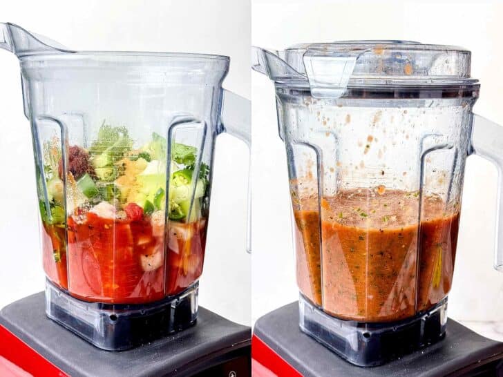 Homemade Salsa ingredients in a blender foodiecrush.com