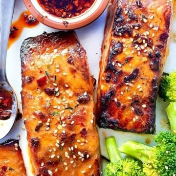 Chili Crisp Salmon on platter foodiecrush.com