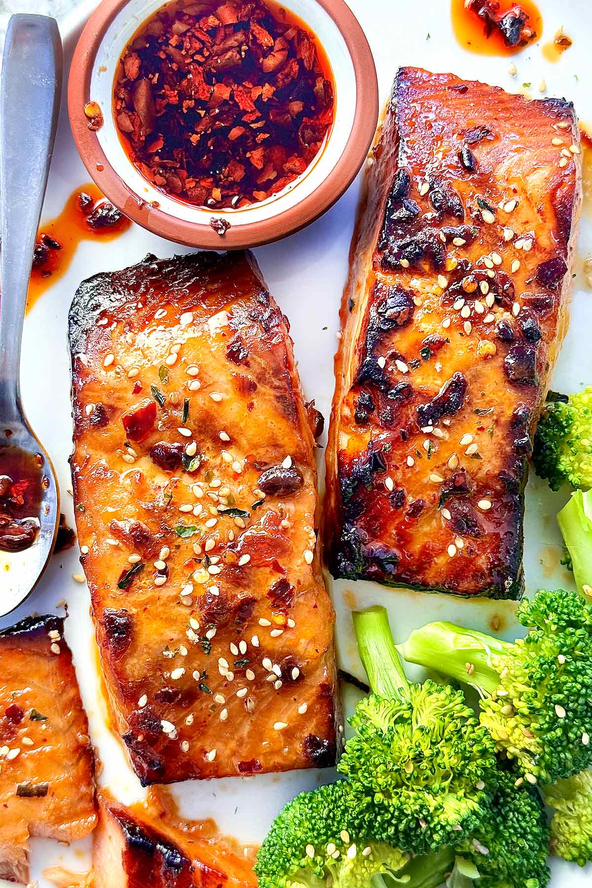 Chili Crisp Salmon on platter foodiecrush.com