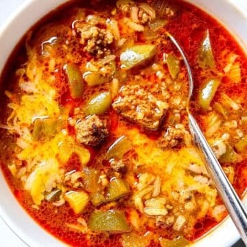 Stuffed Pepper Soup in bowl with spoon foodiecrush.com