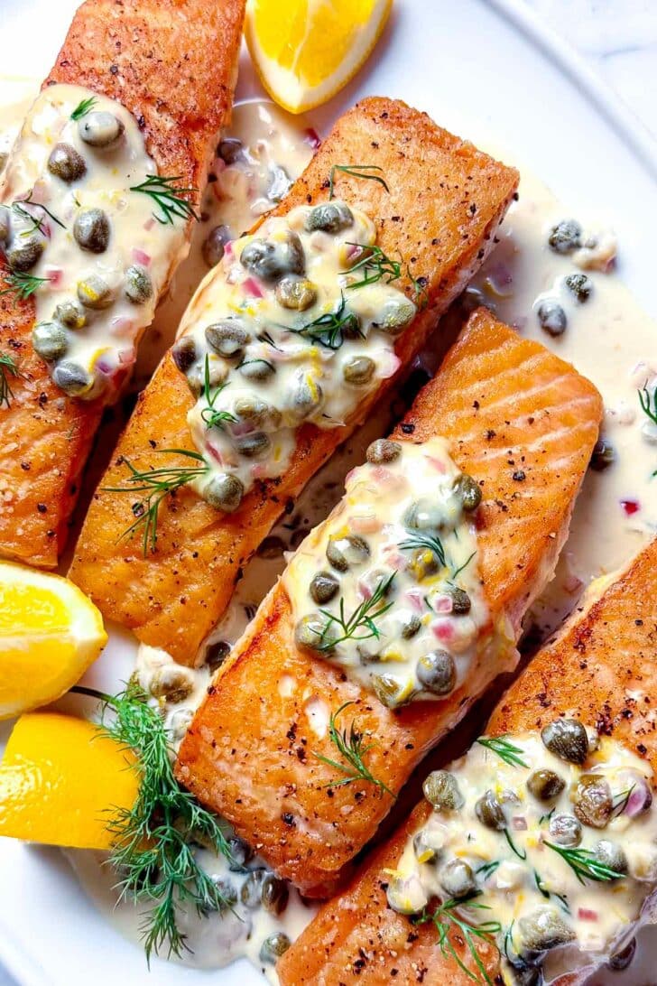 Creamy Salmon Picatta on platter