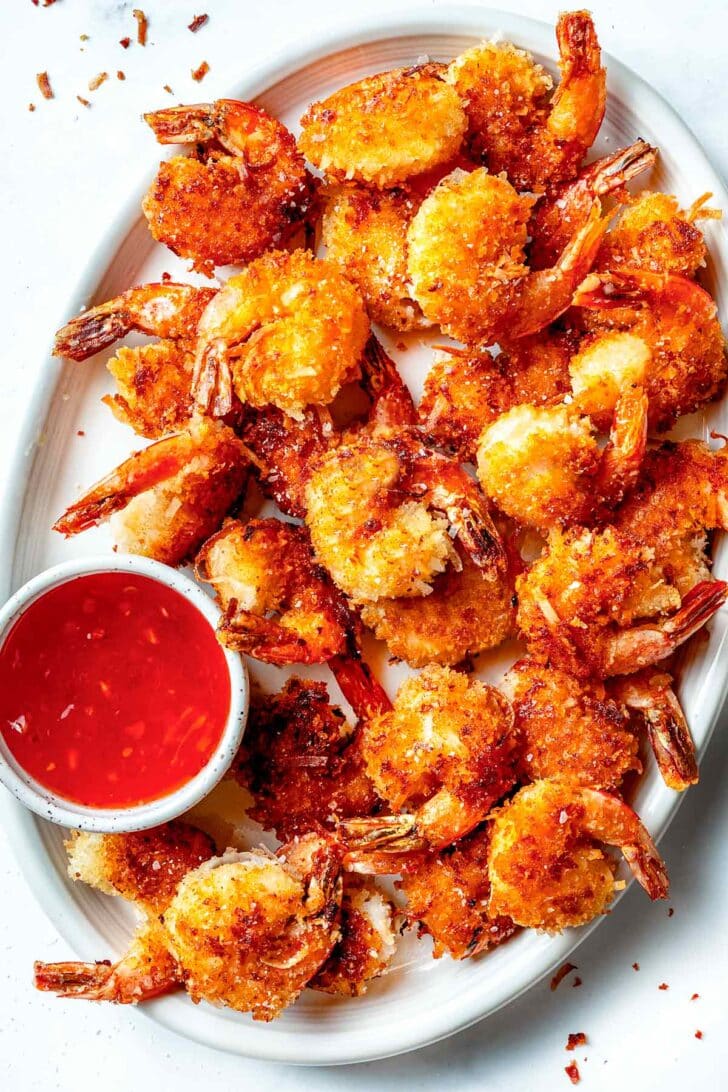 Coconut Fried Shrimp with sauce on platter