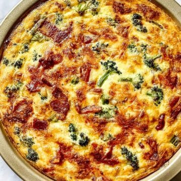 Crustless Quiche recipe with bacon broccoli and cheese in pie tin