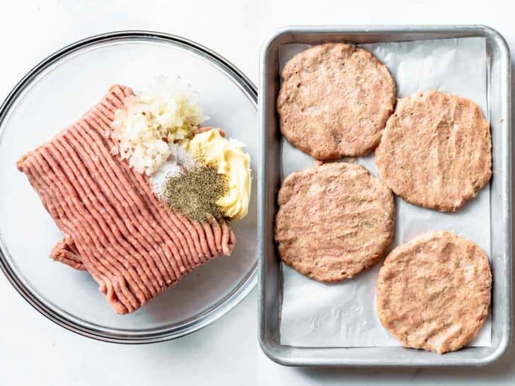turkey burger recipe ingredients and turnkey burger patties on baking sheet
