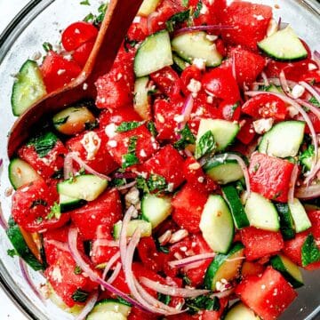 Greek Watermelon Salad in bowl with spoon
