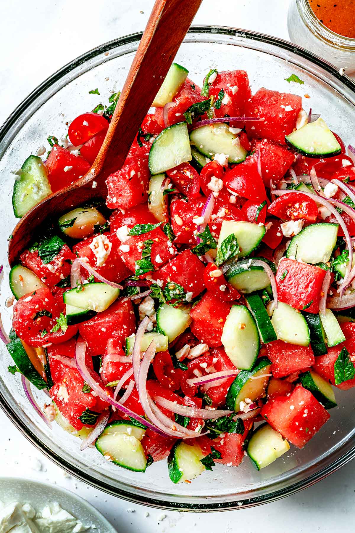 Greek Watermelon Salad in bowl with spoon