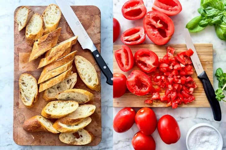 French bread cut in slices. Roma tomatoes chopped on cutting board.