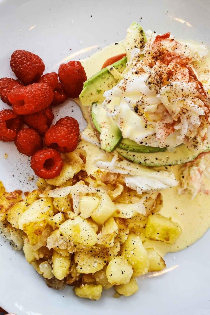 Crab Benedicts and breakfast potatoes 