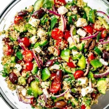 High Protein Greek Quinoa Salad in bowl