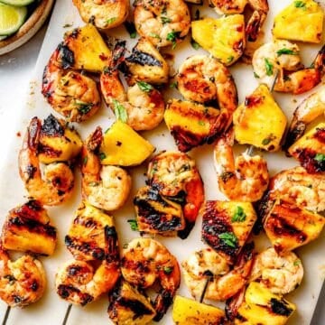 Grilled Shrimp and PIneapple Skewers on platter