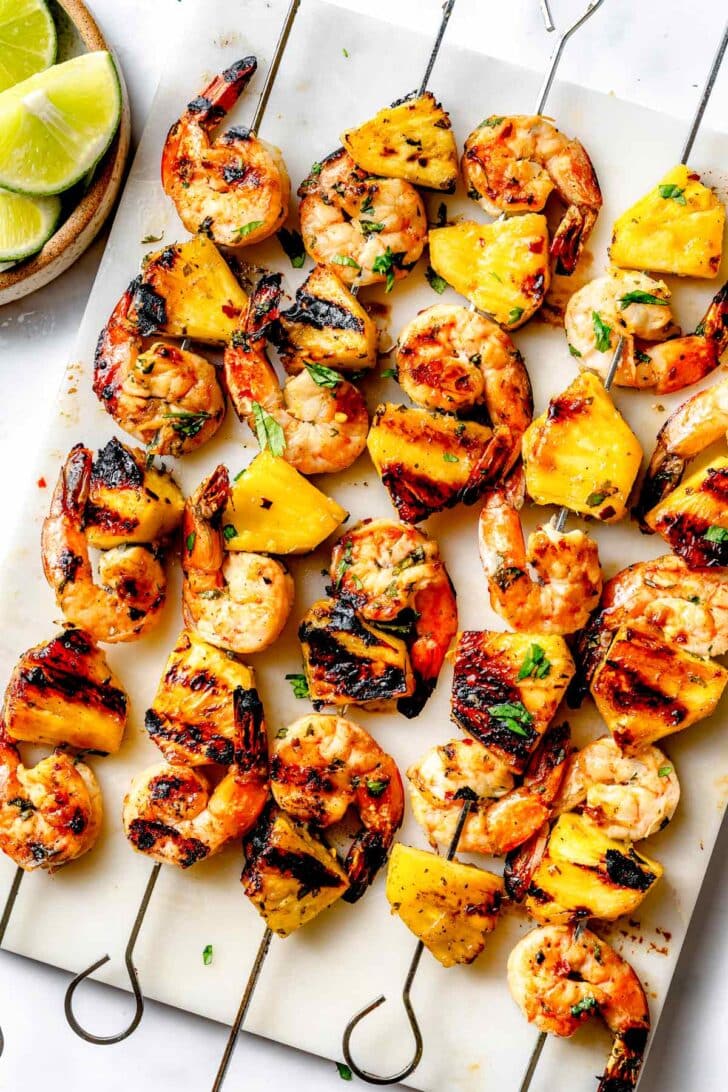 Grilled Shrimp and PIneapple Skewers on platter