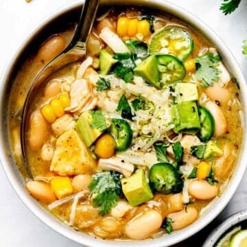 White Bean Chicken Chili in bowl with spoon