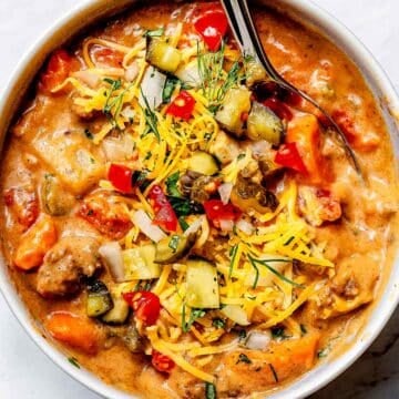 Cheeseburger Soup recipe in bowl with spoon