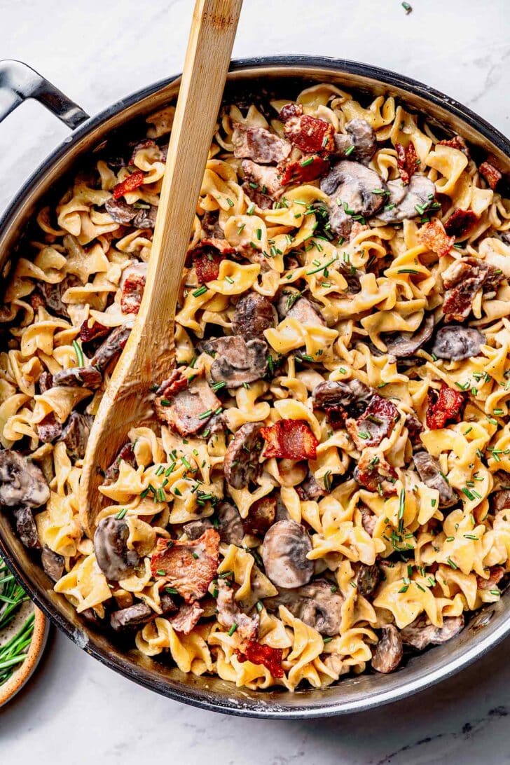 Creamy Mushroom and Bacon Pasta in skillet