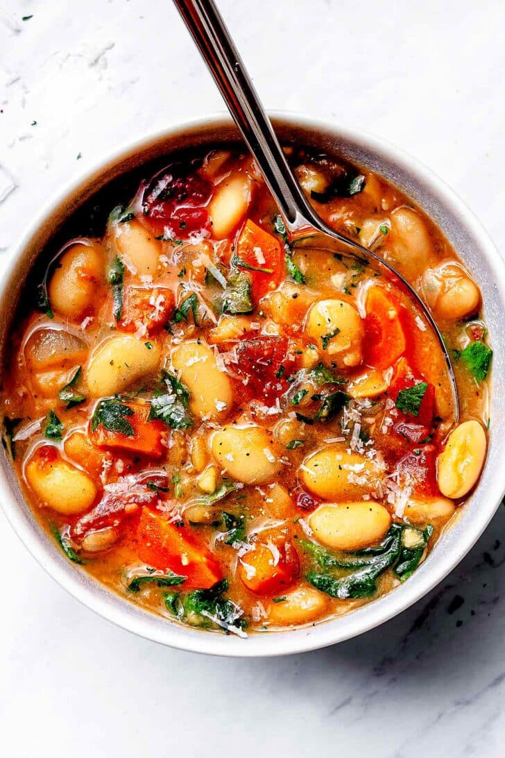 White Bean Stew in bowl with spoon