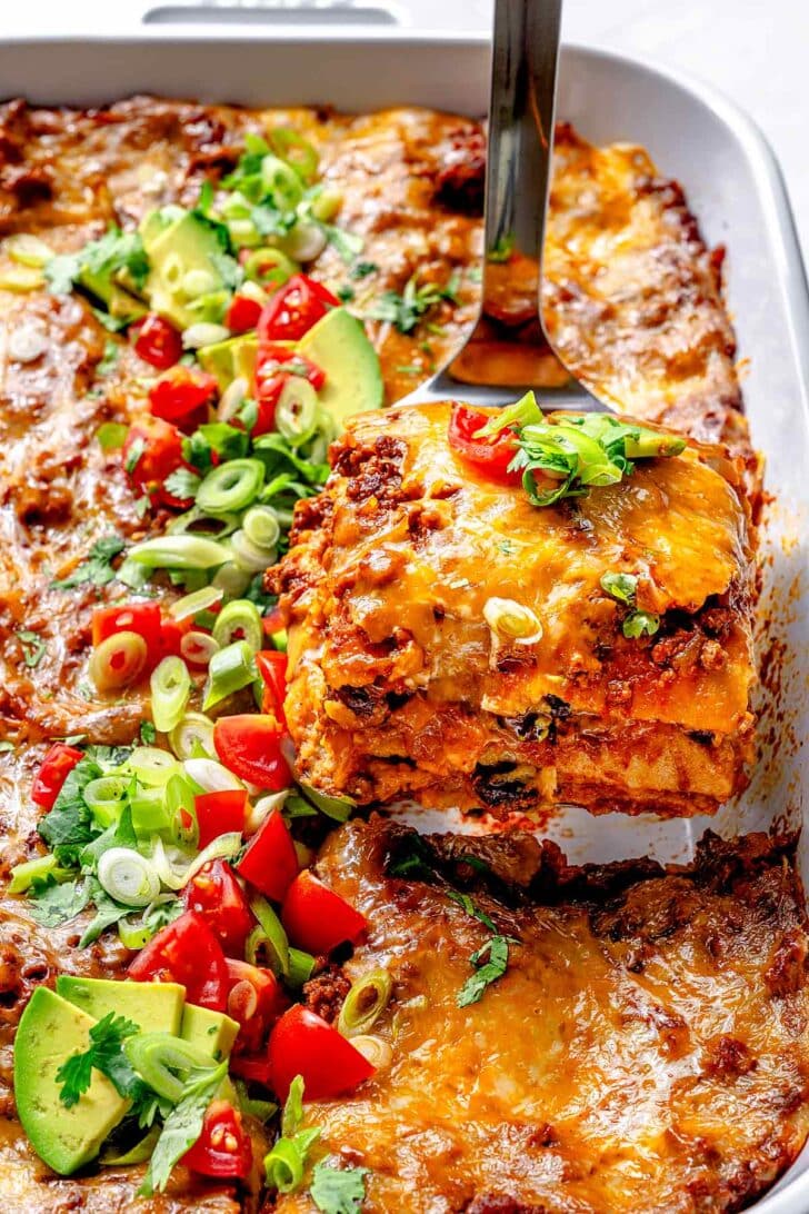Ground Beef Enchilada Casserole in baking dish 