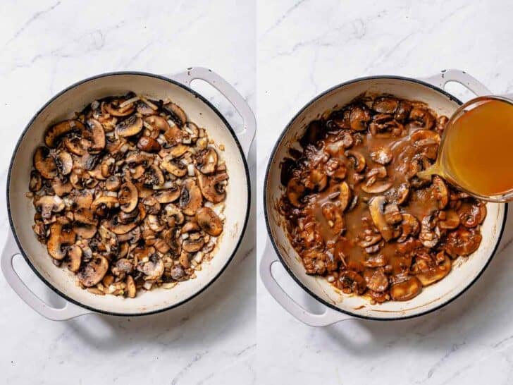 mushrooms in gravy in skillets