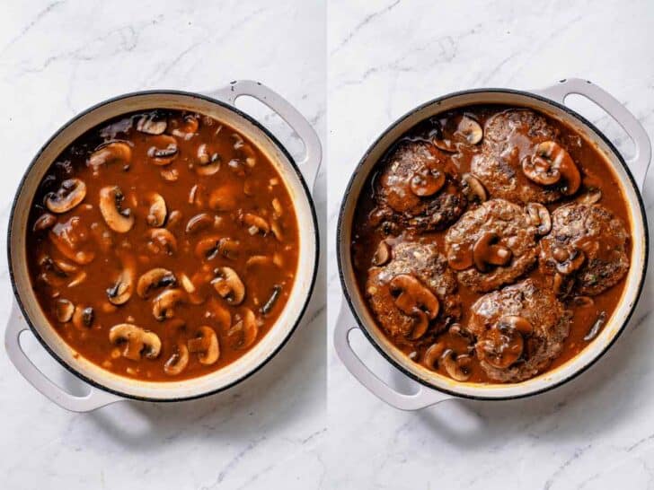 Salisbury Steak with mushroom sauce in skillet foodiecrush.com