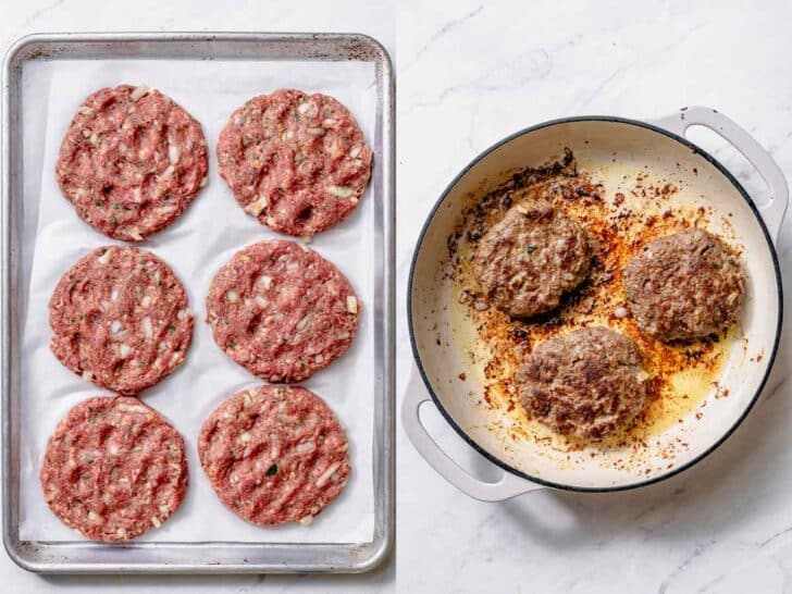 hamburger steaks for Salisbury steak cooking in skillet