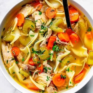 Turkey Noodle Soup recipe in bowl with spoon