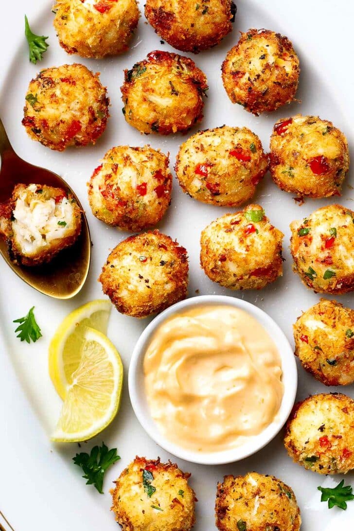 Crab Cake Poppers with Aioli on platter foodiecrush.com