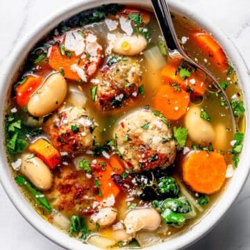 Slow Cooker Turkey Meatball Soup in bowl with spoon