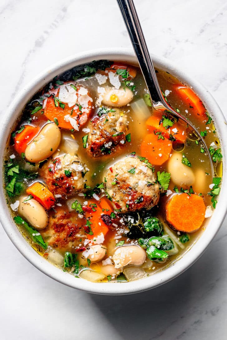 Slow Cooker Turkey Meatball Soup in bowl with spoon