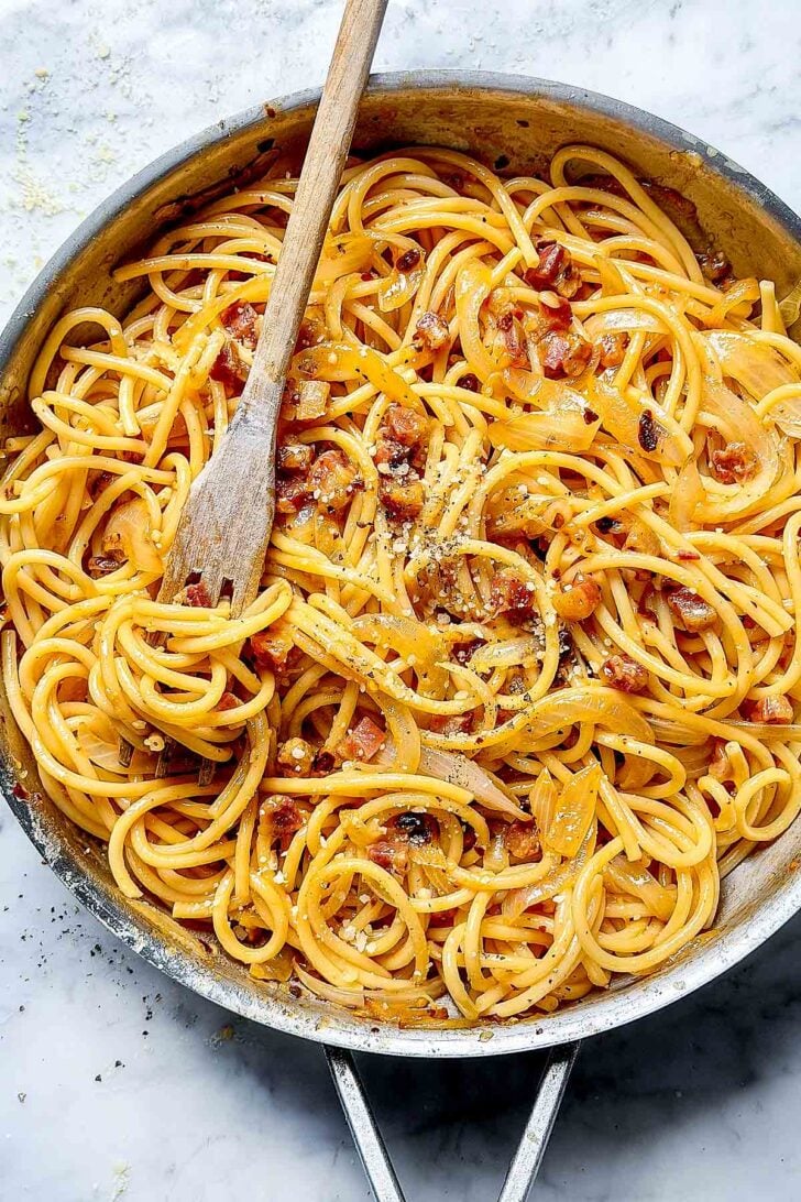 Chili Crisp Carbonara in skillet with fork