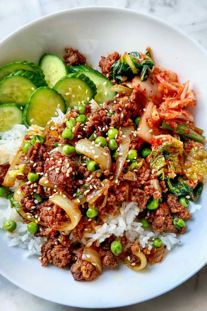 Korean Ground Beef Bowls with rice and cucumbers