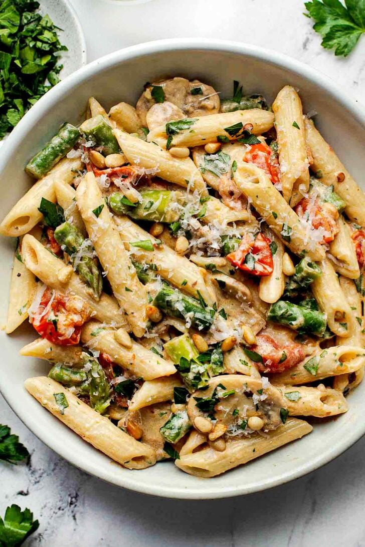 Creamy Pasta Primavera  recipe in bowl 
