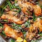 Chicken with Asparagus and Mushrooms in skillet