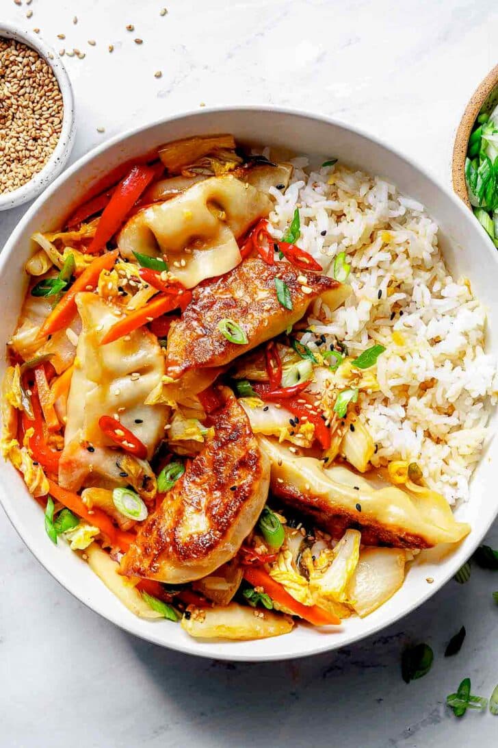 Cabbage and Potsticker Stirfry in bowl