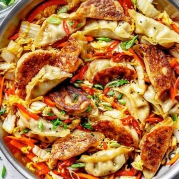 Cabbage and Potsticker StirFry in skillet