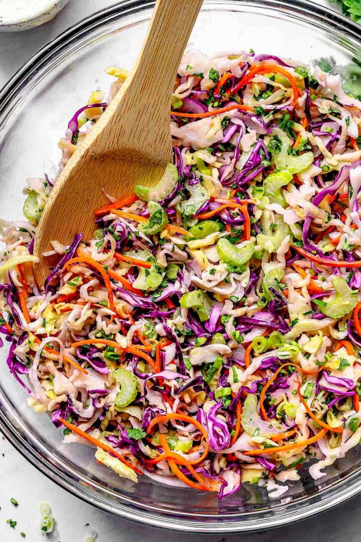 Ranch Coleslaw recipe in bowl with spoon