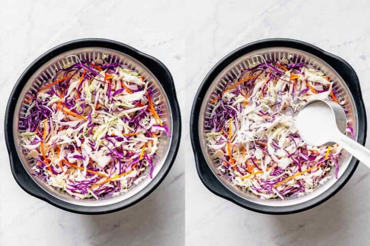 Salting coleslaw in colander to drain and rinse