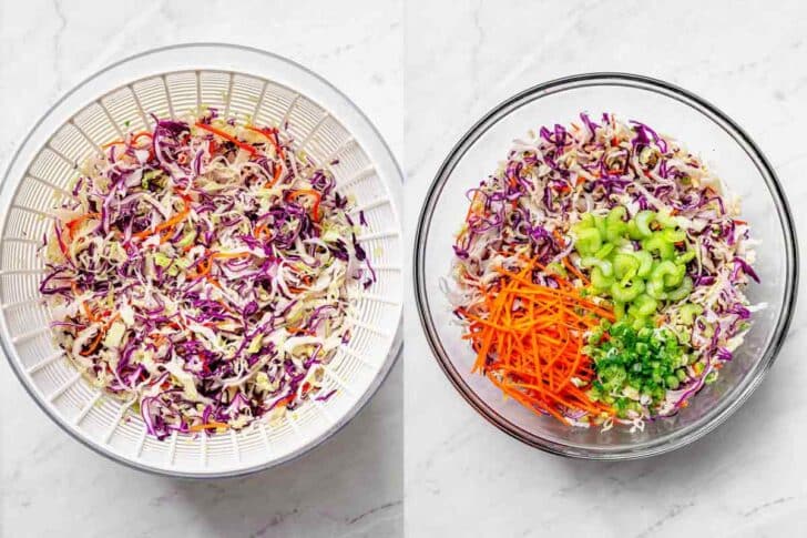 Coleslaw rinsed in salad spinner next to coleslaw ingredients in bowl