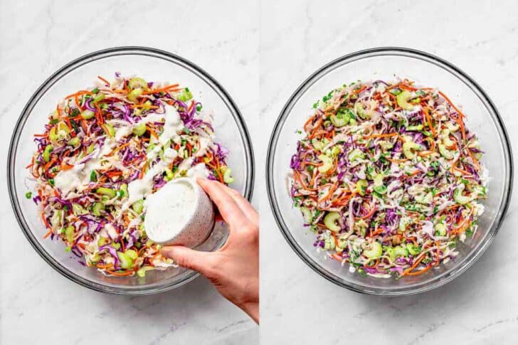 Ranch dressing poured on coleslaw mix next to bowl of ranch coleslaw